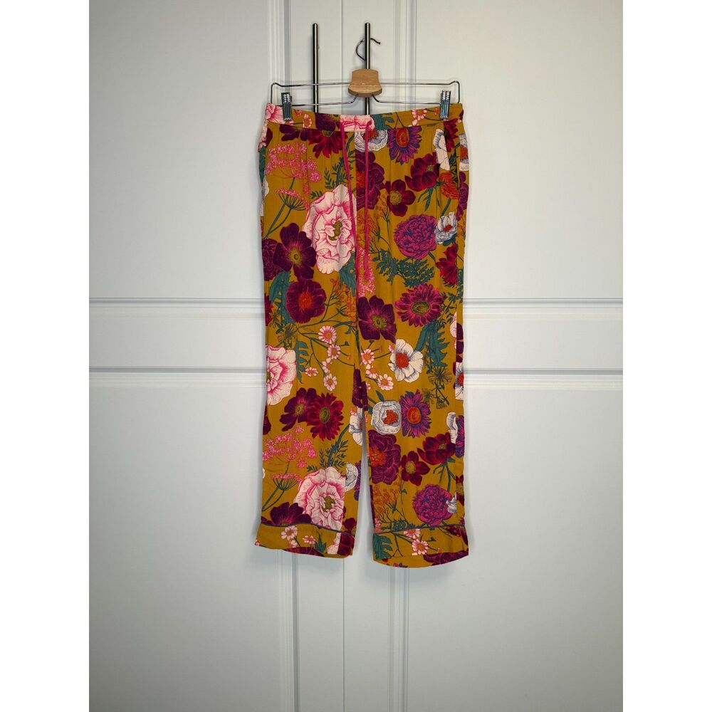 Boho Botanical Floral Lounge Pants Mustard Pink Cottagecore Drawstring Size S